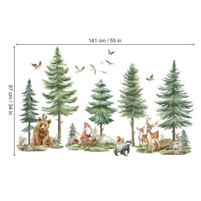 Alt view image 5 of 7 - Mountain Tree Wall Stickers Large Pine Tree Forest Animals Bear Deer Peel and Stick Wall Art Decals for Kids Bedroom Baby Nursery