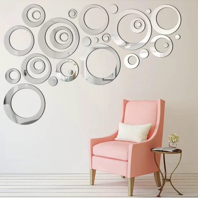 Main image of Round Mirror Stickers for Walls, 32 Pcs Acrylic Removable, 1.5-13.5 cm, Silver