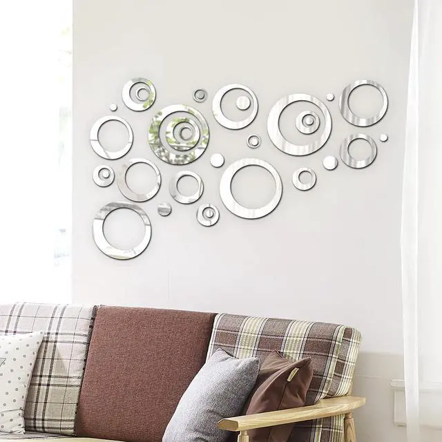 Alt view image 5 of 6 - Round Mirror Stickers for Walls, 32 Pcs Acrylic Removable, 1.5-13.5 cm, Silver