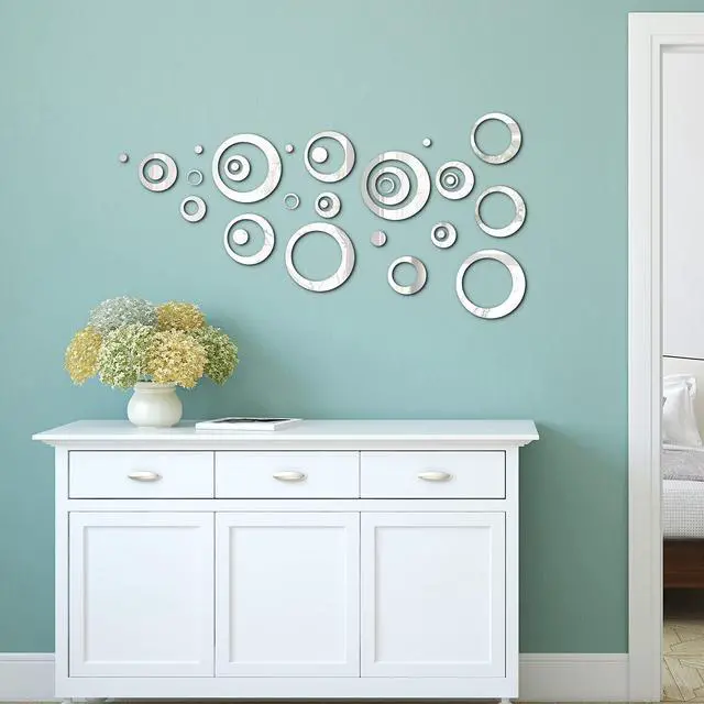 Alt view image 6 of 6 - Round Mirror Stickers for Walls, 32 Pcs Acrylic Removable, 1.5-13.5 cm, Silver