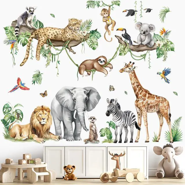 Alt view image 2 of 7 - Jungle Animals Tree Safari Giraffe Wall Decals Stickers (XL)