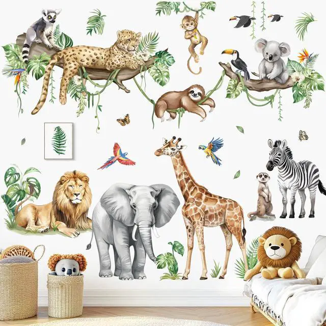 Alt view image 3 of 7 - Jungle Animals Tree Safari Giraffe Wall Decals Stickers (XL)