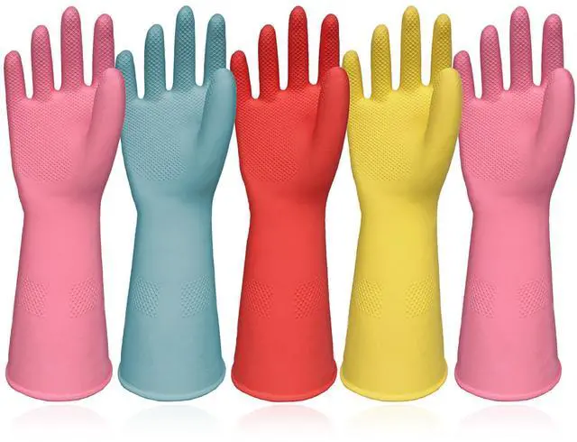 Main image of Rubber Cleaning Gloves 5 Pairs Reusable Non Slip Dishwashing Kitchen Medium