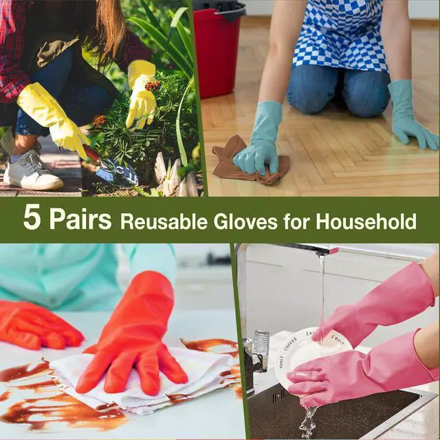 Alt view image 4 of 7 - Rubber Cleaning Gloves 5 Pairs Reusable Non Slip Dishwashing Kitchen Medium