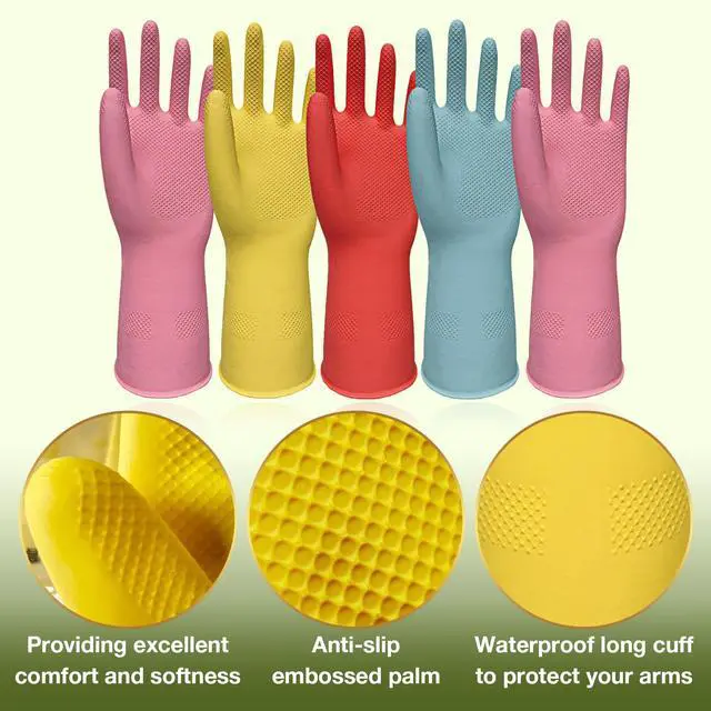 Alt view image 3 of 7 - Rubber Cleaning Gloves 5 Pairs Reusable Non Slip Dishwashing Kitchen Medium