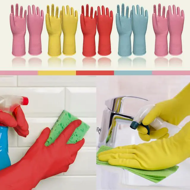Alt view image 7 of 7 - Rubber Cleaning Gloves 5 Pairs Reusable Non Slip Dishwashing Kitchen Medium