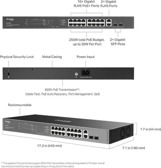 Alt view image 7 of 7 - TP-Link Omada 16 Port Gigabit Easy Managed PoE Switch, 250W Budget, PoE+ Compliant, Up to 250m Distance, Auto Recovery, VLAN, Loop Prevention, with Fan (ES220GMP)