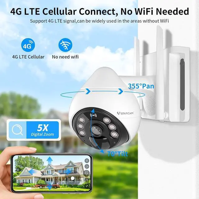 Alt view image 2 of 7 - VSTARCAM 4G LTE Cellular Security Camera Wireless Outdoor, 3MP Solar Powered Security Cameras for Home with Color Night Vision, Human Detection, 360° View, 2-Way Audio, IP66, Cloud Storage (BG69-TZ)