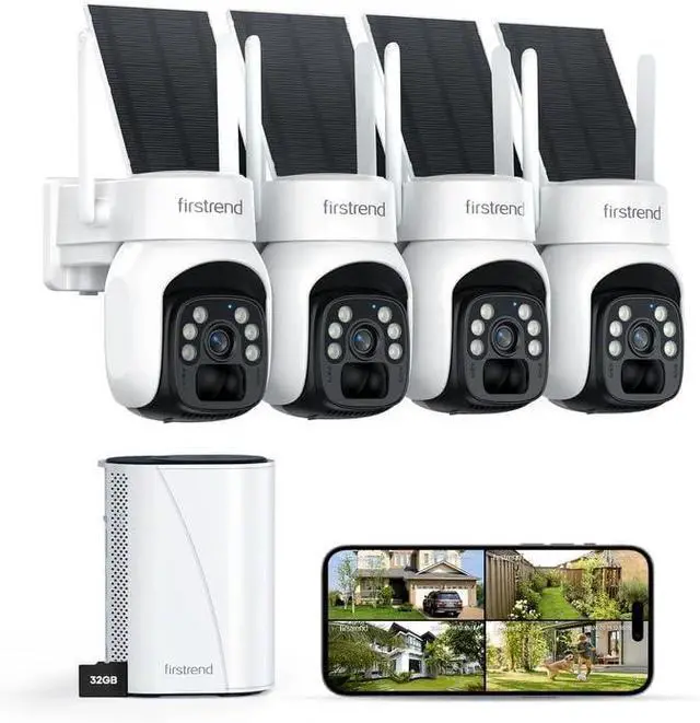 Main image of firstrend Solar Security Cameras Wireless Outdoor, No Monthly Fee, Human Auto Tracking, 360° Pan & Tilt, Wireless Security Camera System with Two-Way Audio, 2K Color Night Vision, IP65, 4 Camera Kit