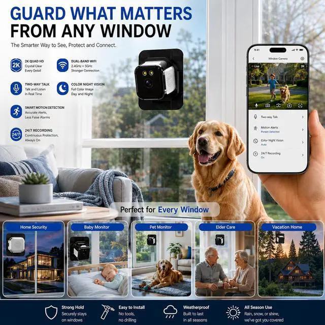 Alt view image 3 of 7 - Window Camera 3MP 2K Indoor for Home Security, Color Night Vision - 2Pack