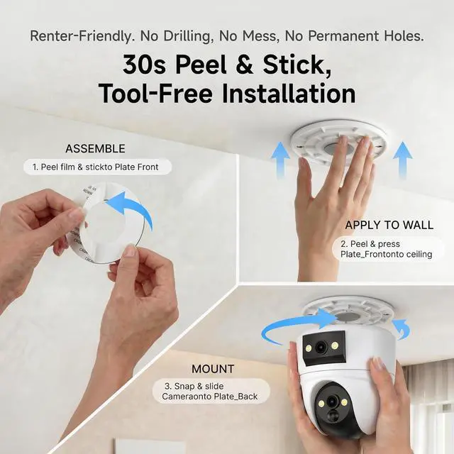 Alt view image 7 of 7 - VSTARCAM 2K Dual Lens Security Camera Indoor, Free Cloud & 128GB SD Storage, No-Drill Ceiling Mount, 360° PTZ & Wide Angle, WiFi 6 2.4/5G, Color Night Vision, Motion Alerts, 6-Month Battery,2-Way Talk