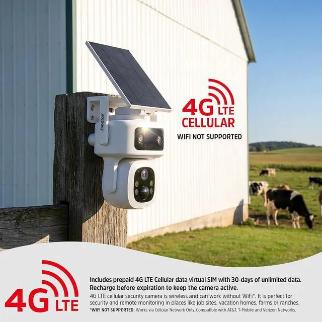 Alt view image 2 of 7 - Energizer Smart 4G LTE Cellular Security Camera with Solar Panel, 2K Outdoor Wireless Pan Tilt Camera, No WiFi Required, Rechargeable Battery, Color Night Vision, Motion Detection, White