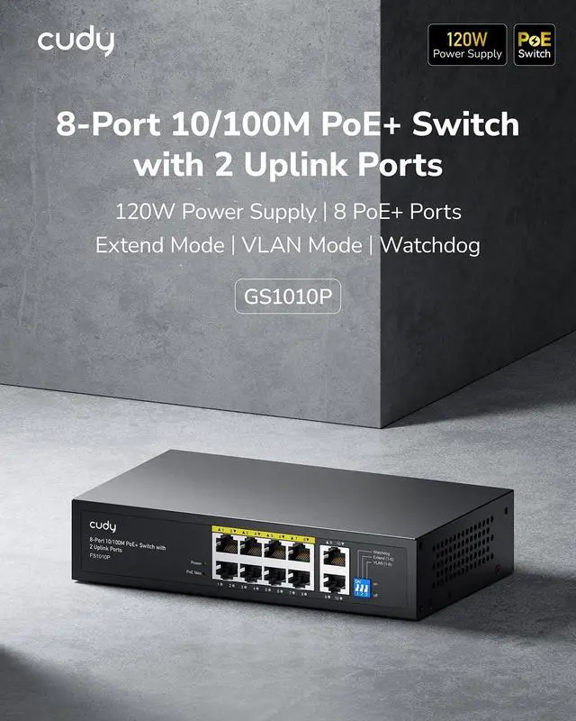 Alt view image 2 of 7 - Cudy 10-Port Gigabit 8-Port PoE+ Unmanaged Ethernet Network Switch GS1010P