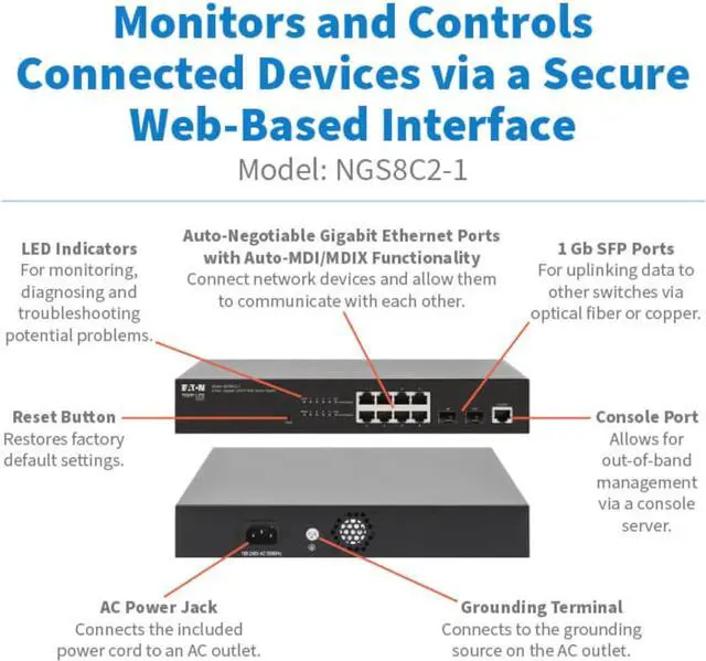 Alt view image 2 of 7 - Eaton Tripp Lite Series 8Port Gigabit Managed Switch with 2 SFP Ports, Easy Smart WebManaged Layer 2 Network Ethernet Splitter, 1 Gbps, 1U Rack Mount or Desktop, 3Year Warranty (NGS8C21)