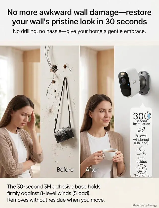 Alt view image 2 of 7 - DCT Magnetic Security Camera Outdoor: 10s 3M No-Drill Mount for Renters