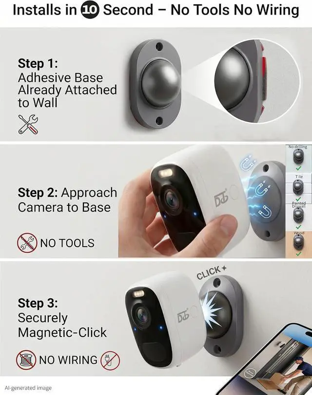 Alt view image 3 of 7 - DCT Magnetic Security Camera Outdoor: 10s 3M No-Drill Mount for Renters
