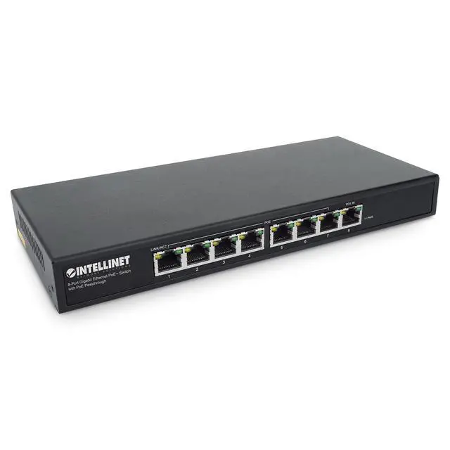 Alt view image 2 of 7 - Intellinet PoE-Powered 8 Port Gigabit Switch with PoE Passthrough One IEEE 802.3bt PoE++ PD Port, Eight PoE+ Ports - 85W Power Budget - Fanless Silent - 3 Yr Mfg Warranty - 561679
