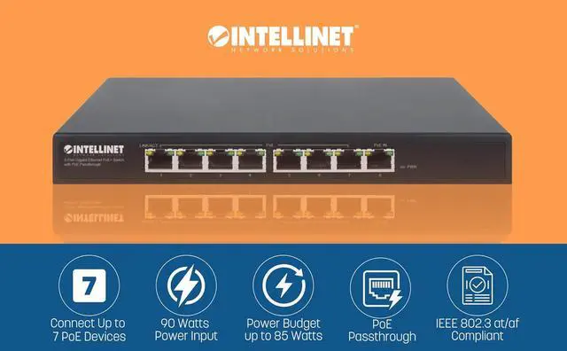Alt view image 4 of 7 - Intellinet PoE-Powered 8 Port Gigabit Switch with PoE Passthrough One IEEE 802.3bt PoE++ PD Port, Eight PoE+ Ports - 85W Power Budget - Fanless Silent - 3 Yr Mfg Warranty - 561679