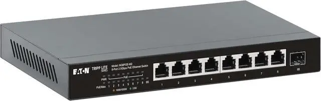 Main image of Tripp Lite 2.5 Gbps 8-Port Desktop Unmanaged Gigabit Ethernet Network Switch with PoE+, 100W, Metal Enclosure, Plug-and-Play, TAA Compliant, Wall Mount Option, Status LEDs, 3-Year Warranty (NG8POE-M2)