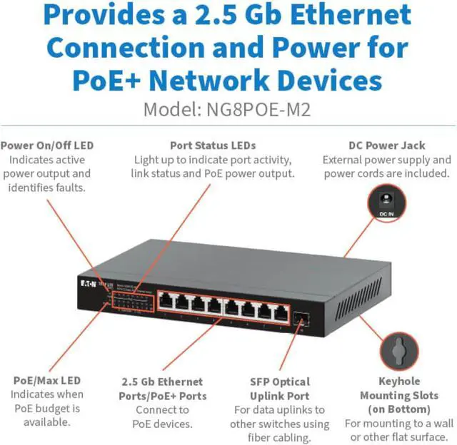 Alt view image 3 of 7 - Tripp Lite 2.5 Gbps 8-Port Desktop Unmanaged Gigabit Ethernet Network Switch with PoE+, 100W, Metal Enclosure, Plug-and-Play, TAA Compliant, Wall Mount Option, Status LEDs, 3-Year Warranty (NG8POE-M2)