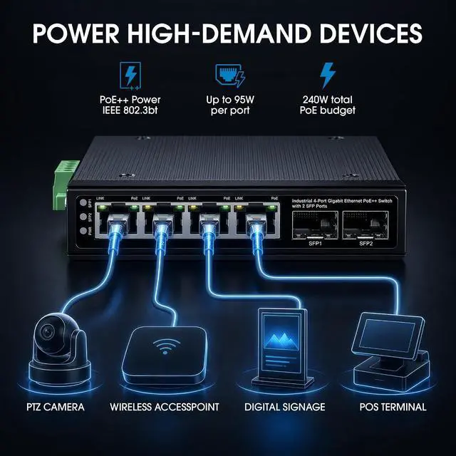 Alt view image 2 of 7 - Intellinet 4-Port Industrial Gigabit Ethernet PoE++ Switch with 2 SFP Ports- 95W Per Port, Poe Budget 240W, IP40 Rated Metal Housing, DIN-Rail Mount, Terminal Block Powered-3 Yr Mfg Warranty508995