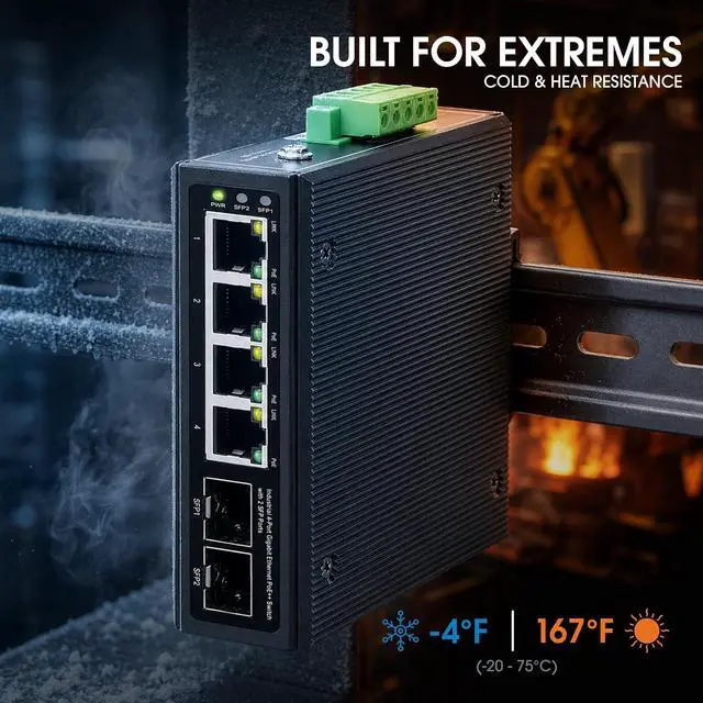 Alt view image 3 of 7 - Intellinet 4-Port Industrial Gigabit Ethernet PoE++ Switch with 2 SFP Ports- 95W Per Port, Poe Budget 240W, IP40 Rated Metal Housing, DIN-Rail Mount, Terminal Block Powered-3 Yr Mfg Warranty508995