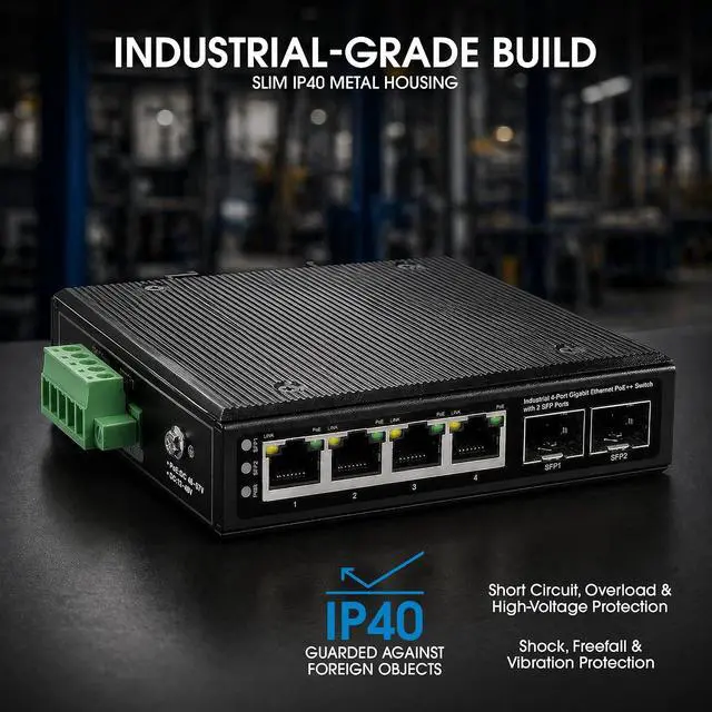 Alt view image 4 of 7 - Intellinet 4-Port Industrial Gigabit Ethernet PoE++ Switch with 2 SFP Ports- 95W Per Port, Poe Budget 240W, IP40 Rated Metal Housing, DIN-Rail Mount, Terminal Block Powered-3 Yr Mfg Warranty508995