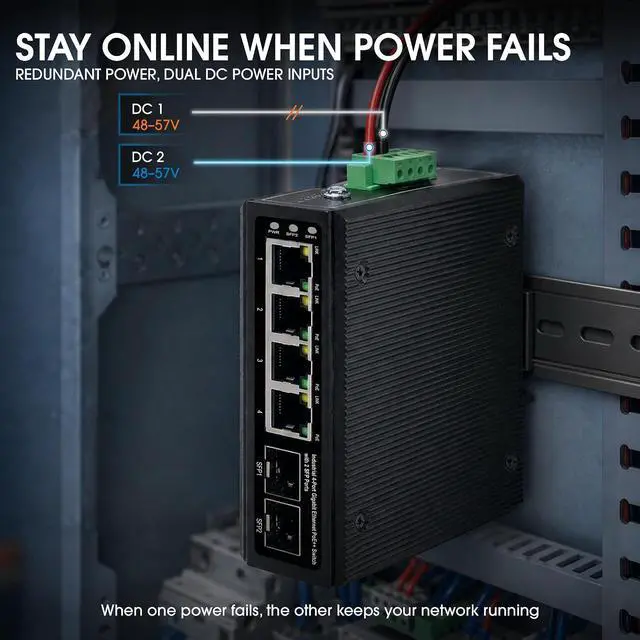 Alt view image 5 of 7 - Intellinet 4-Port Industrial Gigabit Ethernet PoE++ Switch with 2 SFP Ports- 95W Per Port, Poe Budget 240W, IP40 Rated Metal Housing, DIN-Rail Mount, Terminal Block Powered-3 Yr Mfg Warranty508995