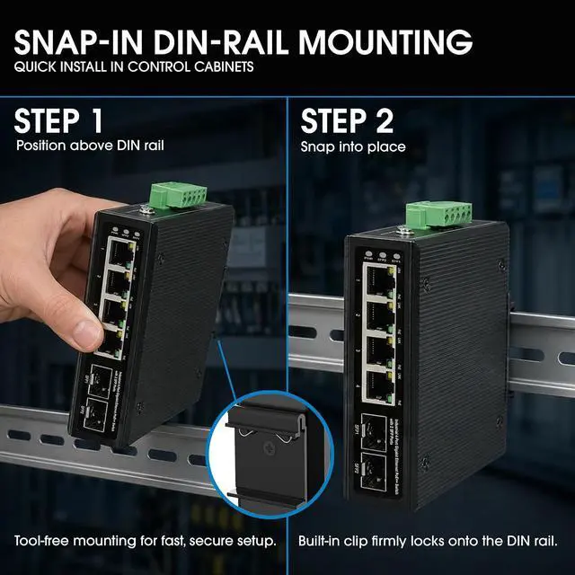 Alt view image 6 of 7 - Intellinet 4-Port Industrial Gigabit Ethernet PoE++ Switch with 2 SFP Ports- 95W Per Port, Poe Budget 240W, IP40 Rated Metal Housing, DIN-Rail Mount, Terminal Block Powered-3 Yr Mfg Warranty508995