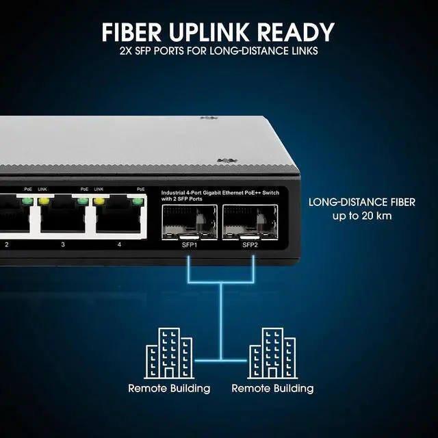 Alt view image 7 of 7 - Intellinet 4-Port Industrial Gigabit Ethernet PoE++ Switch with 2 SFP Ports- 95W Per Port, Poe Budget 240W, IP40 Rated Metal Housing, DIN-Rail Mount, Terminal Block Powered-3 Yr Mfg Warranty508995