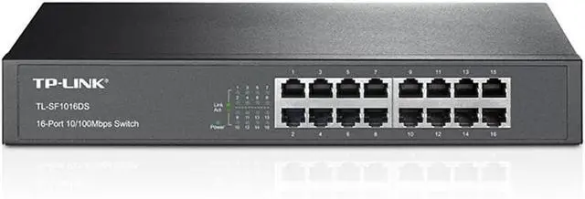 Main image of TP-Link 16 Port 10/100Mbps Fast Ethernet Switch Plug & Play Desktop/Rackmount Sturdy Metal w/Shielded Ports Fanless Unmanaged (TL-SF1016DS)