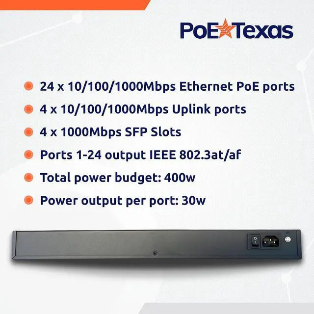 Alt view image 3 of 6 - 24-Port Rackmount Managed Network Switch - Layer 2 PoE+ Managed Switch (IEEE 802.3at) - 400W Gigabit 1 Gig Power Over Ethernet for Intelligent Buildings - Smart Support, IGMP, VLAN, QoS, DHCP
