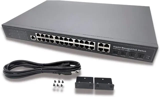 Main image of 24-Port Rackmount Managed Network Switch - Layer 2 PoE+ Managed Switch (IEEE 802.3at) - 400W Gigabit 1 Gig Power Over Ethernet for Intelligent Buildings - Smart Support, IGMP, VLAN, QoS, DHCP