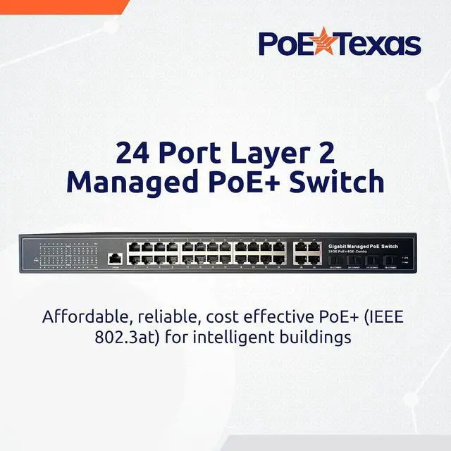 Alt view image 2 of 6 - 24-Port Rackmount Managed Network Switch - Layer 2 PoE+ Managed Switch (IEEE 802.3at) - 400W Gigabit 1 Gig Power Over Ethernet for Intelligent Buildings - Smart Support, IGMP, VLAN, QoS, DHCP