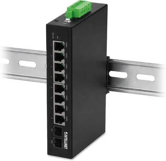 Main image of Intellinet 8-Port Industrial Gigabit Switch, 2 SFP, DIN-Rail Mount, IP40