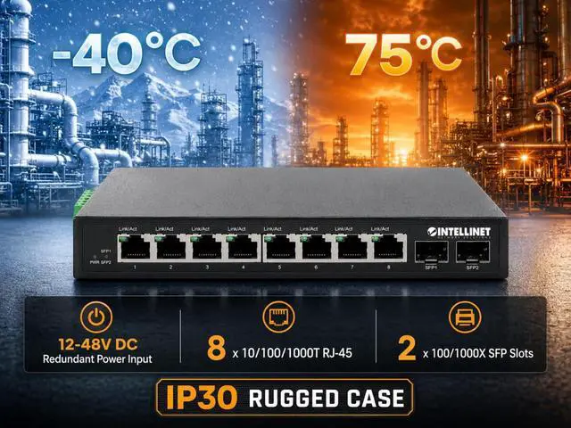 Alt view image 3 of 6 - Intellinet 8-Port Industrial Gigabit Switch, 2 SFP, DIN-Rail Mount, IP40