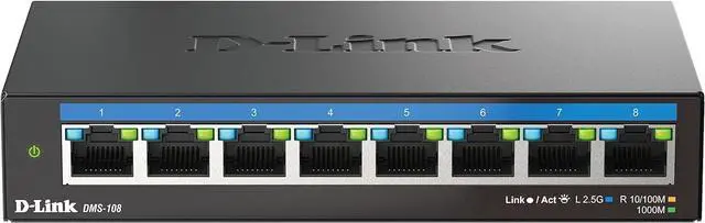 Main image of D-Link DMS-108 8-Port 2.5G Multi-Gigabit Unmanaged Desktop Switch with Eight 2.5 Gigabit Ports, Fanless, Low Profile, Compact, Metal Housing, QoS, Plug and Play