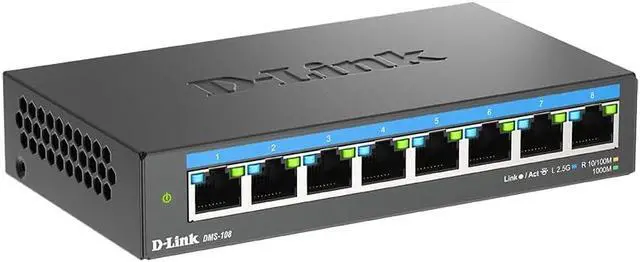 Alt view image 4 of 4 - D-Link DMS-108 8-Port 2.5G Multi-Gigabit Unmanaged Desktop Switch with Eight 2.5 Gigabit Ports, Fanless, Low Profile, Compact, Metal Housing, QoS, Plug and Play