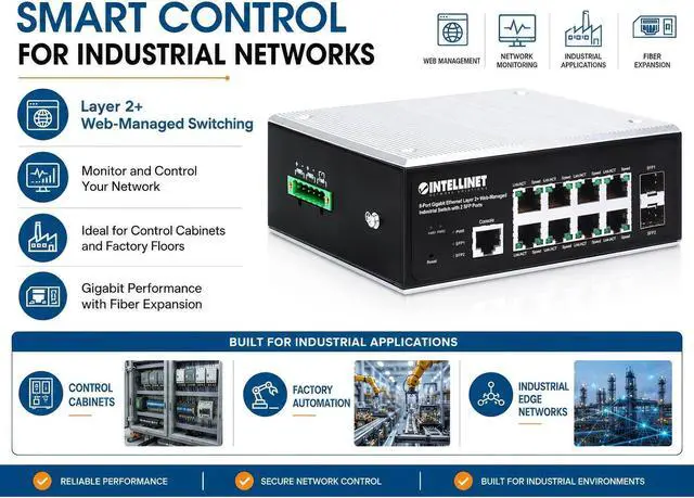Alt view image 3 of 7 - Intellinet 8-Port Gigabit Layer 2+ Web-Managed Switch, 2 SFP, DIN-Rail