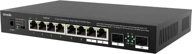 Main image of Tenda TEM2010F 10-Port 2.5G Multigigabit Switch, 2-Port SFP, VLAN, Static Aggregation, Compatible with 2.5G Devices, Desktop/Wall Mount, Plug and Play, Metal Casing, Black