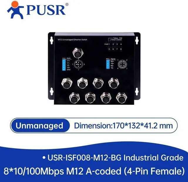 Alt view image 2 of 2 - 8 Port M12 Copper Ports 10/100Mbps Industrial Switch Support Unmanaged Ethernet for Railway Subway Specially Designed for Vehicles USR-ISF008-M12-BG