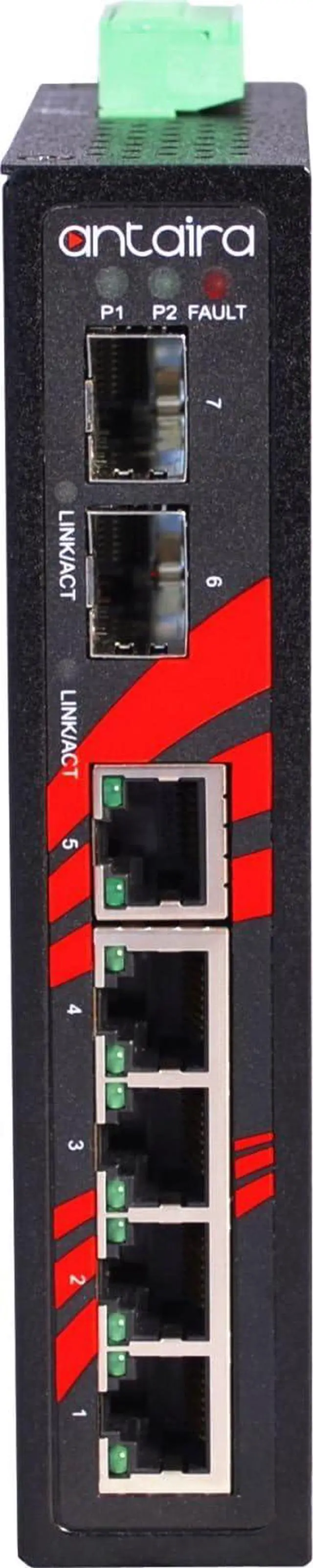 Alt view image 3 of 6 - Antaira LNX-0702C-SFP-T Industrial-Grade 7-Port Unmanaged Fast Ethernet Switch, 2 SFP Slots, DIN-Rail Mount, -40 to 75°C Operating Temperature, Redundant 12 to 48 VDC Power Input