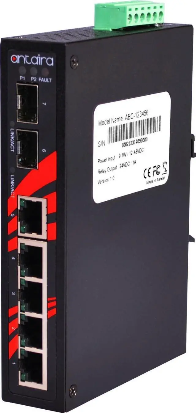 Alt view image 2 of 6 - Antaira LNX-0702C-SFP-T Industrial-Grade 7-Port Unmanaged Fast Ethernet Switch, 2 SFP Slots, DIN-Rail Mount, -40 to 75°C Operating Temperature, Redundant 12 to 48 VDC Power Input