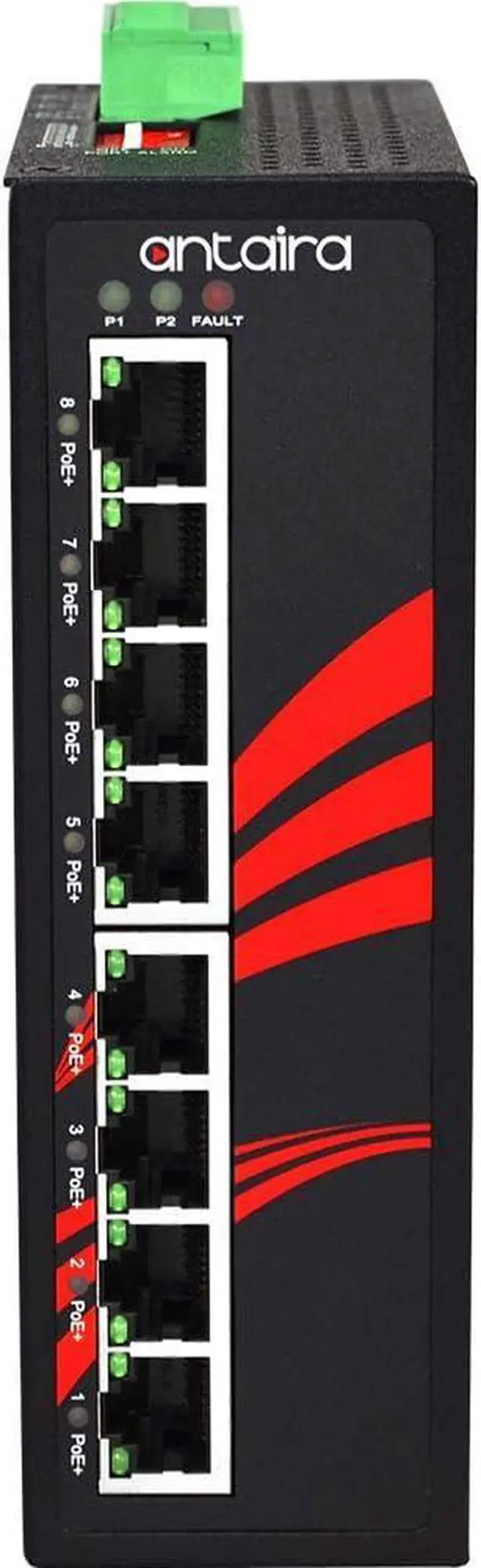 Alt view image 3 of 5 - Antaira LNP-0800-24 Industrial-Grade 8-Port PoE Unmanaged Fast Ethernet Switch, DIN-Rail Mount, -10 to 70°C Operating Temperature, Redundant 12 to 36 VDC Power Input, 5-Year Warranty