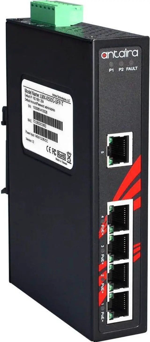 Main image of Antaira LNP-0500G-T Industrial-Grade 5-Port PoE Unmanaged Gigabit Ethernet Switch, DIN-Rail Mount, -40 to 75°C Operating Temperature, Redundant 48 to 55 VDC Power Input, 5-Year Warranty
