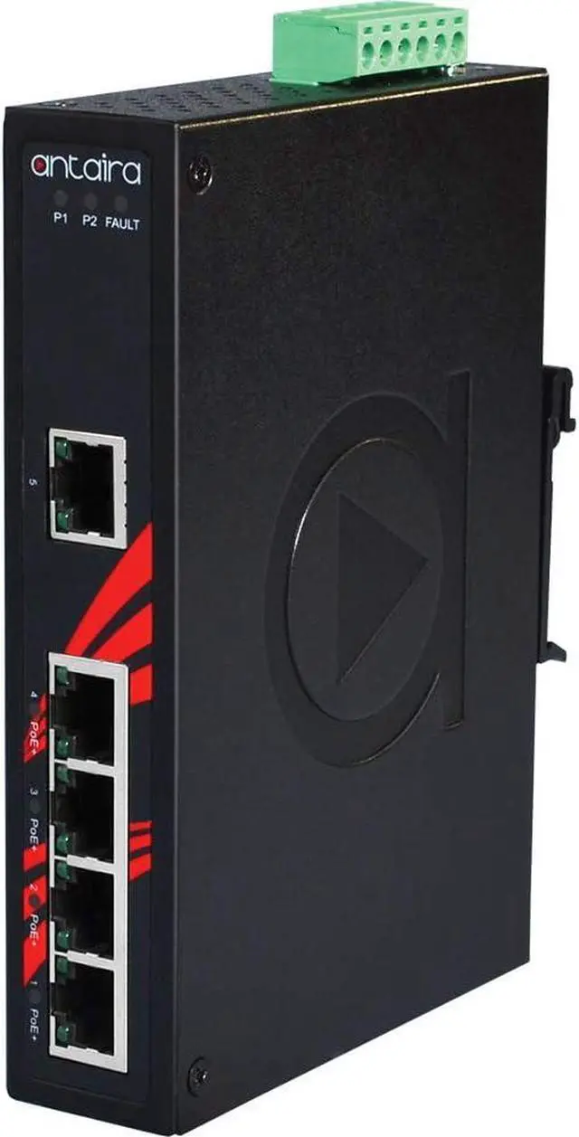 Alt view image 2 of 4 - Antaira LNP-0500G-T Industrial-Grade 5-Port PoE Unmanaged Gigabit Ethernet Switch, DIN-Rail Mount, -40 to 75°C Operating Temperature, Redundant 48 to 55 VDC Power Input, 5-Year Warranty