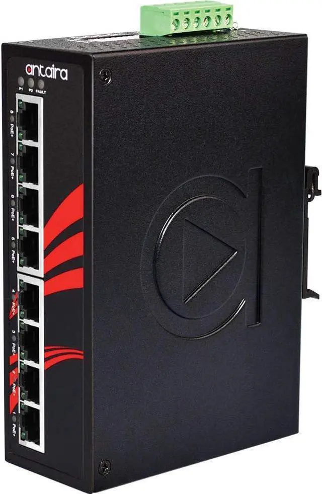Alt view image 2 of 5 - Antaira LNP-0800-24 Industrial-Grade 8-Port PoE Unmanaged Fast Ethernet Switch, DIN-Rail Mount, -10 to 70°C Operating Temperature, Redundant 12 to 36 VDC Power Input, 5-Year Warranty