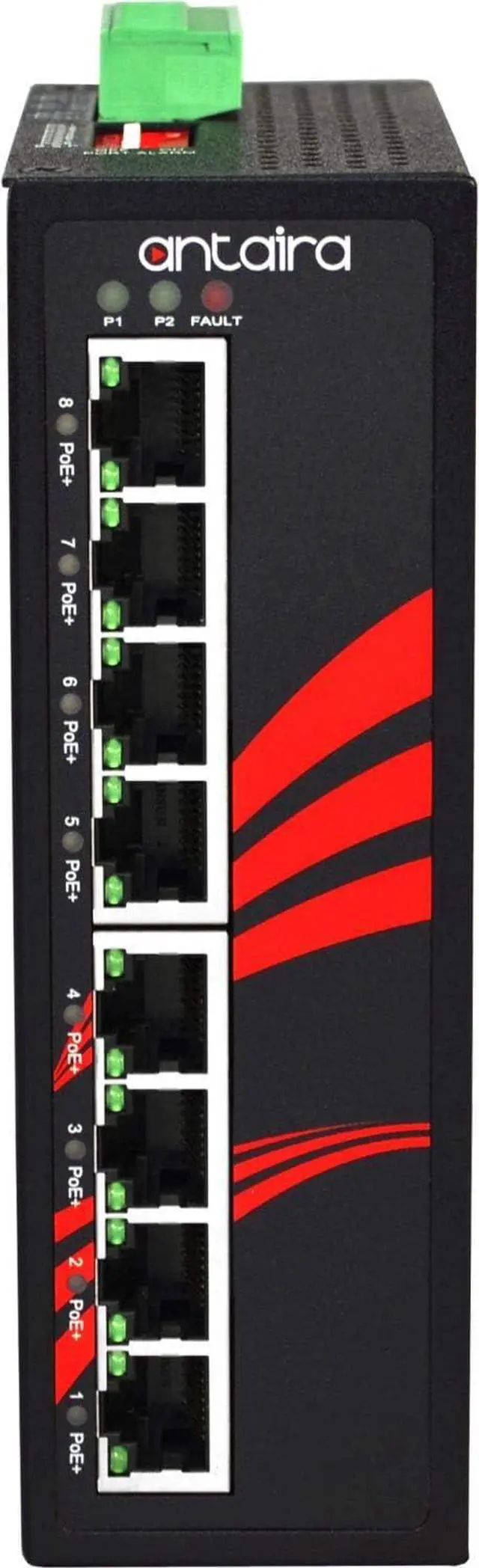 Alt view image 5 of 5 - Antaira LNP-0800 Industrial-Grade 8-Port PoE Unmanaged Fast Ethernet Switch, DIN-Rail Mount, -10 to 70°C Operating Temperature, Redundant 48 to 55 VDC Power Input, 5-Year Warranty