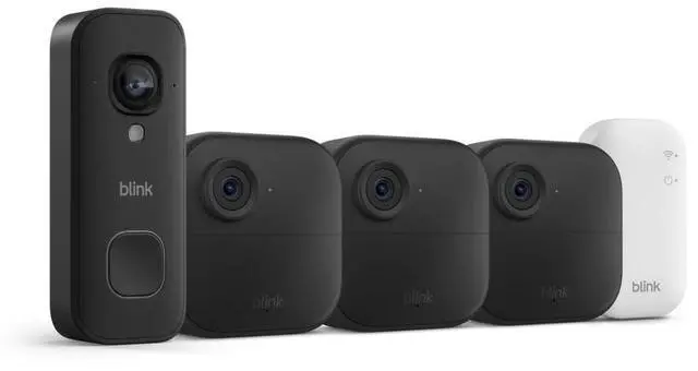 Main image of Blink Outdoor 4 and Wired Doorbell 2K+ (newest model) Two-year battery 1080p cameras and 2K hardwired doorbell. Sync Module Core included 3 Cameras + Doorbell (Black)
