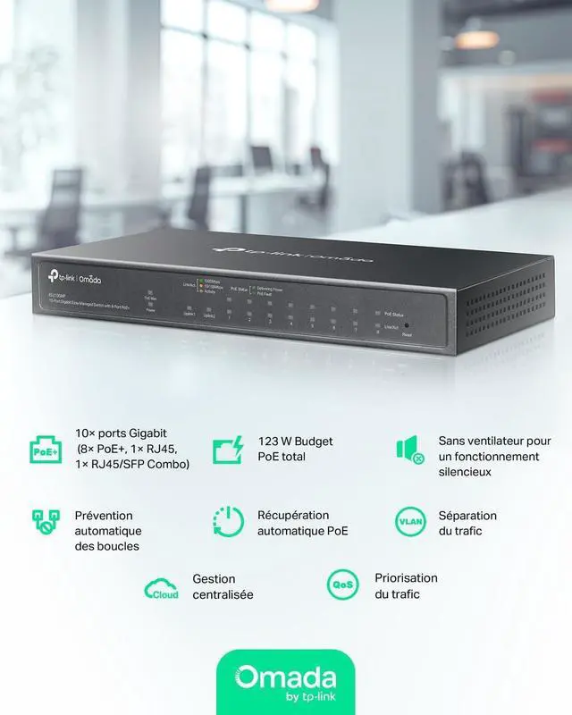 Alt view image 2 of 5 - ES210GMP 10-Port Gigabit Easy Managed Switch with 8 PoE+ Ports, 123W Budget, Cloud Management, Fanless Metal Design
